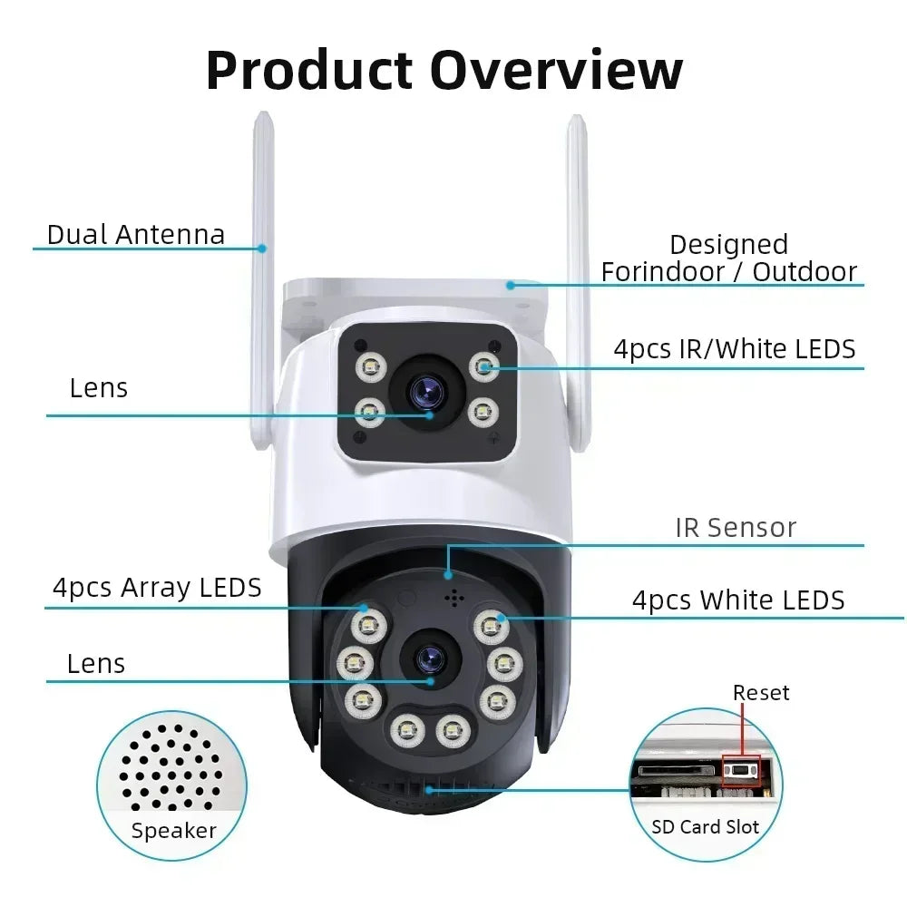 8MP Outdoor Wifi PTZ Camera Dual Lens Dual Screen AI Auto Tracking IP Video Surveillance Camera CCTV Two Way Audio