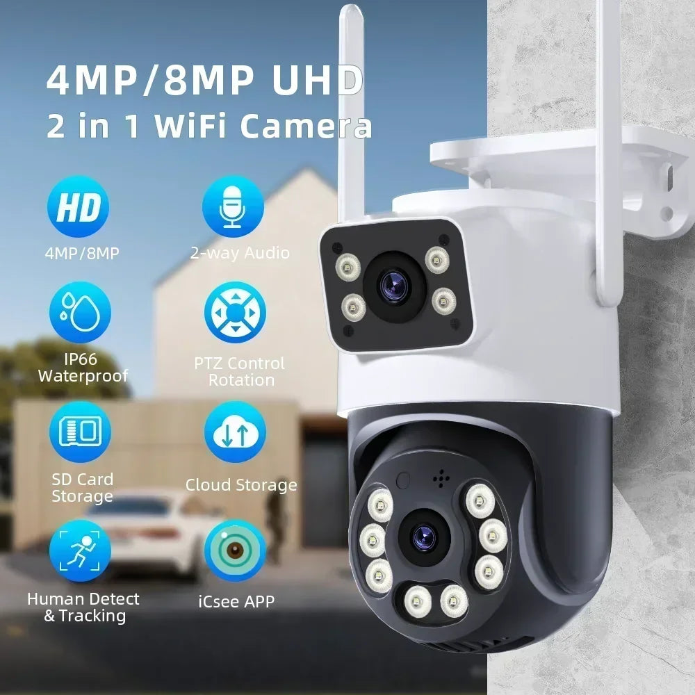 8MP Outdoor Wifi PTZ Camera Dual Lens Dual Screen AI Auto Tracking IP Video Surveillance Camera CCTV Two Way Audio