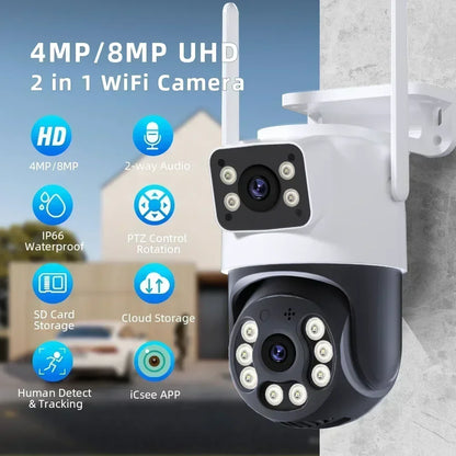 8MP Outdoor Wifi PTZ Camera Dual Lens Dual Screen AI Auto Tracking IP Video Surveillance Camera CCTV Two Way Audio