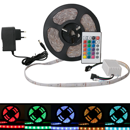 Fita LED RGB 5050 - 5 Metros | IP65 à Prova d'Água + Controle Remoto + Fonte 12V Bivolt