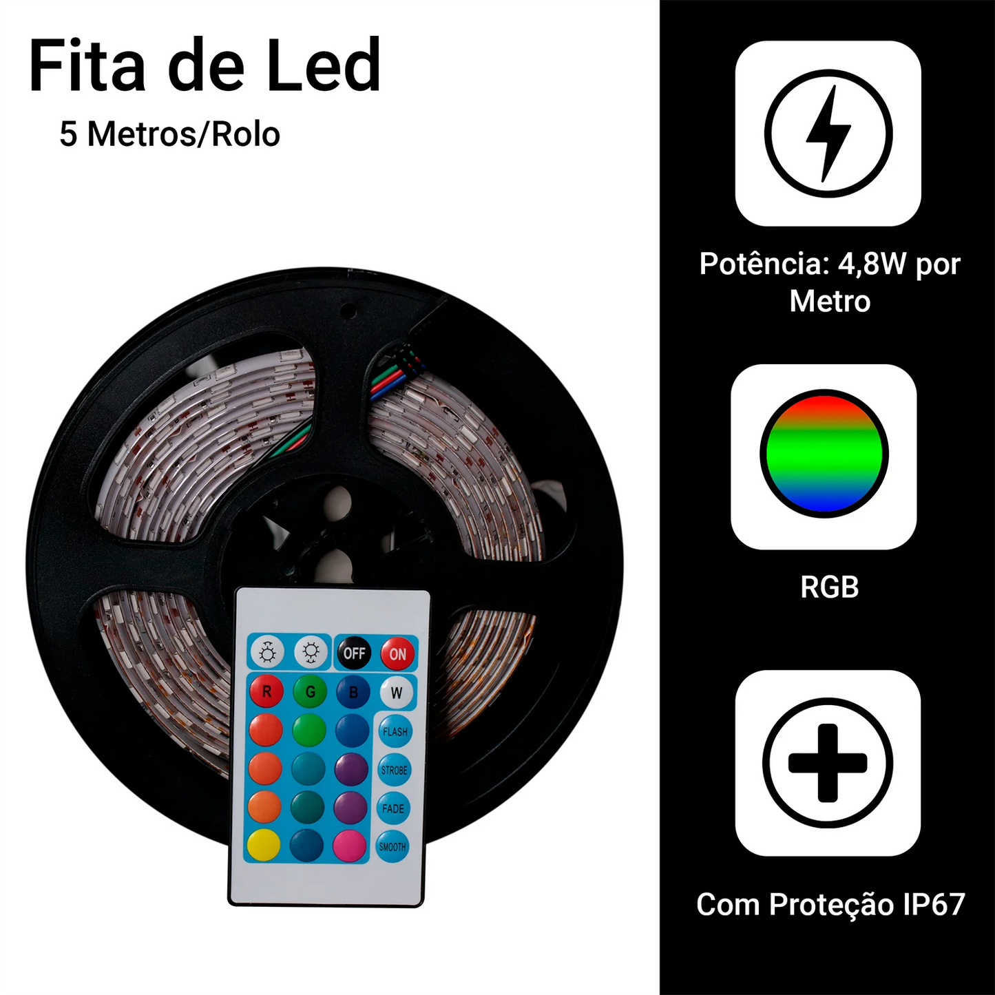 Fita LED RGB 5050 - 5 Metros | IP65 à Prova d'Água + Controle Remoto + Fonte 12V Bivolt